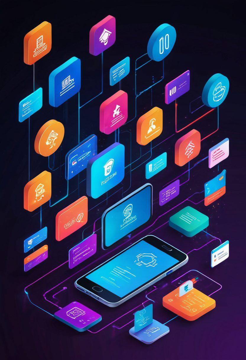 A futuristic illustration depicting various payment solutions cascading in a streamlined manner, symbolizing the automation of billing processes. Include diverse subscription service icons like streaming, food delivery, and software. Showcase a digital interface with graphs and charts indicating growth in subscription success. Use vibrant colors to represent innovation and progress. cyberpunk. vibrant colors. 3D.