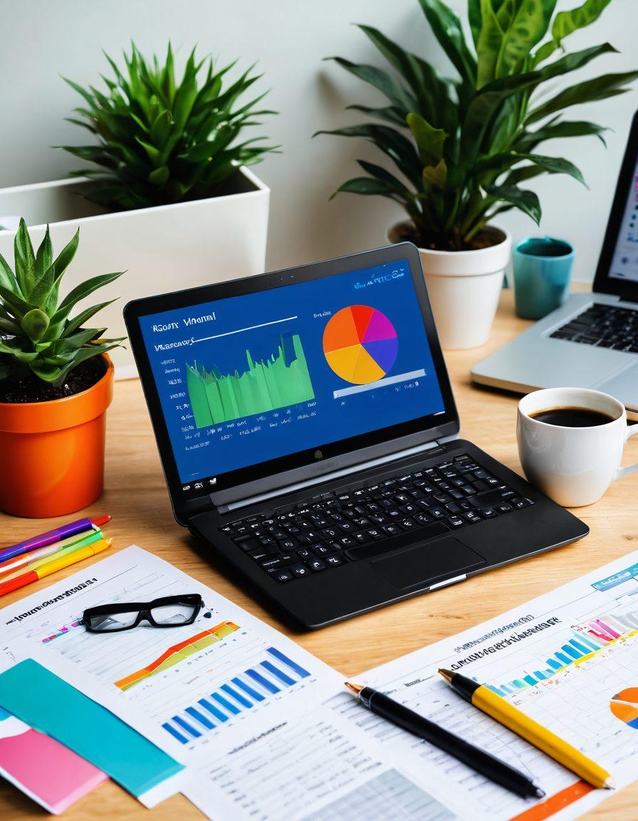 A modern desk scene featuring various financial management tools like calculators, spreadsheets on a laptop, and colorful charts. The background should include a serene office setting with plants and a coffee mug labeled 'Renewal Management'. Emphasize vibrant colors and a sense of organization, showcasing the efficiency of financial management practices. vector art. bright colors. modern style.